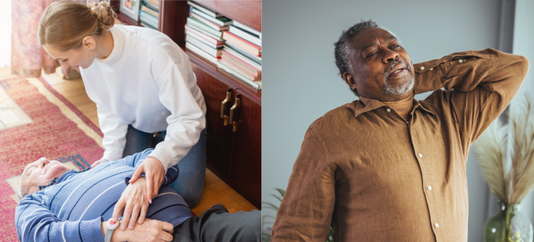 A senior man sitting comfortably at a table in his smart home, looking thoughtfully out a window with his tablet nearby